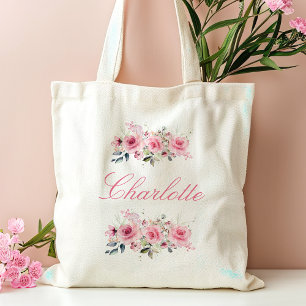Pink Floral Bridesmaid Name Tote Bag