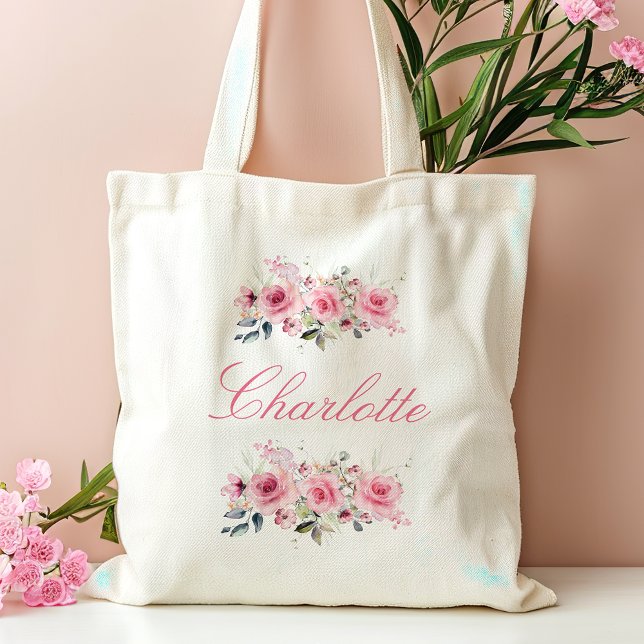 Pink Floral Bridesmaid Name Tote Bag (Creator Uploaded)