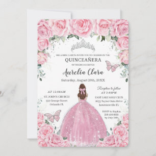 Pink Floral Brown Hair Princess Quinceanera Mis 15 Invitation