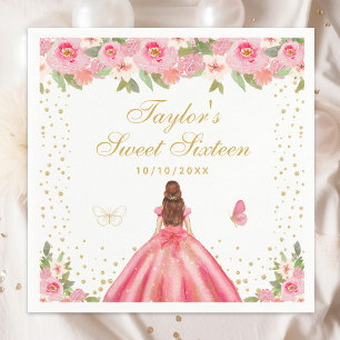 Pink Floral Brown Hair Princess Sweet Sixteen Napkin