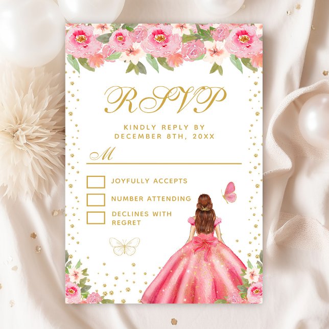 Pink Floral Brown Hair Princess Sweet Sixteen RSVP Card (Creator Uploaded)
