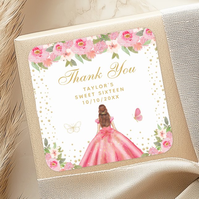 Pink Floral Brown Hair Princess Sweet Sixteen Square Sticker (Creator Uploaded)