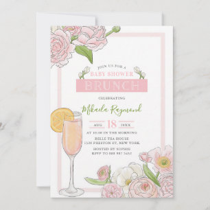 Pink Floral Brunch & Bubbly Baby Shower Invitation