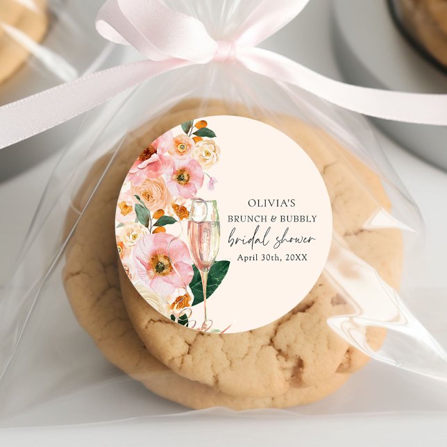 Pink Floral Brunch & Bubbly Bridal Shower Classic Round Sticker (Creator Uploaded)