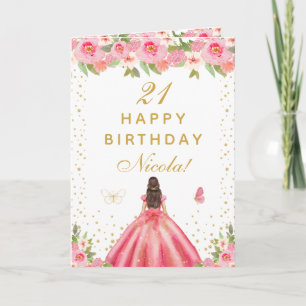 Pink Floral Brunette Hair Girl Birthday Card