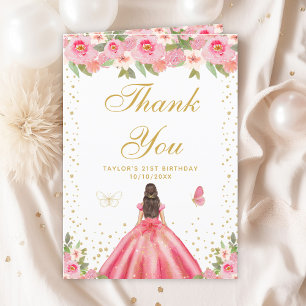 Pink Floral Brunette Hair Girl Birthday Party Thank You Card