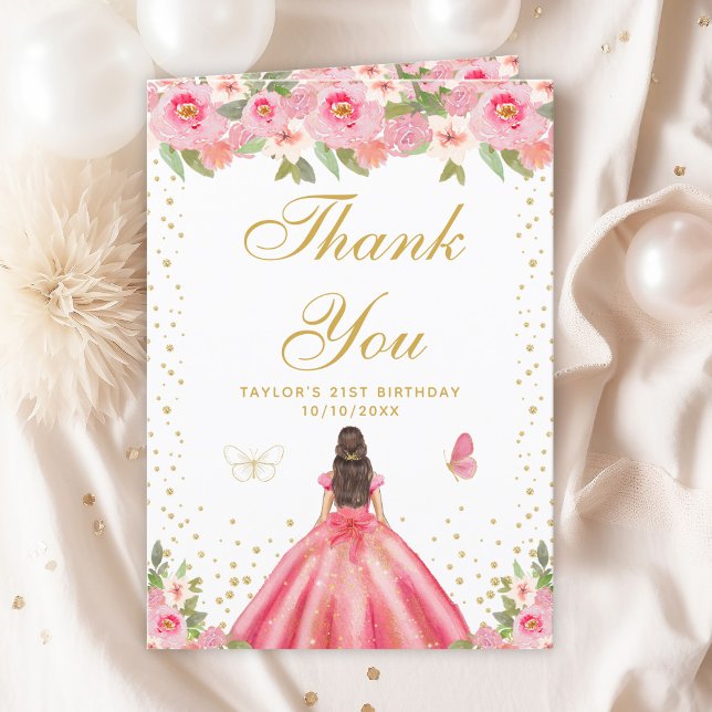 Pink Floral Brunette Hair Girl Birthday Party Thank You Card (Creator Uploaded)