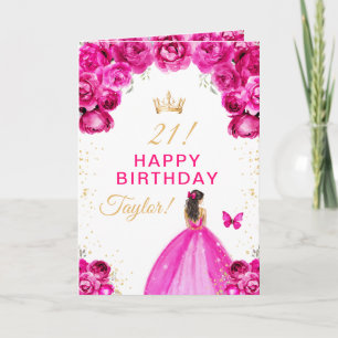 Pink Floral Brunette Hair Girl Happy Birthday Card