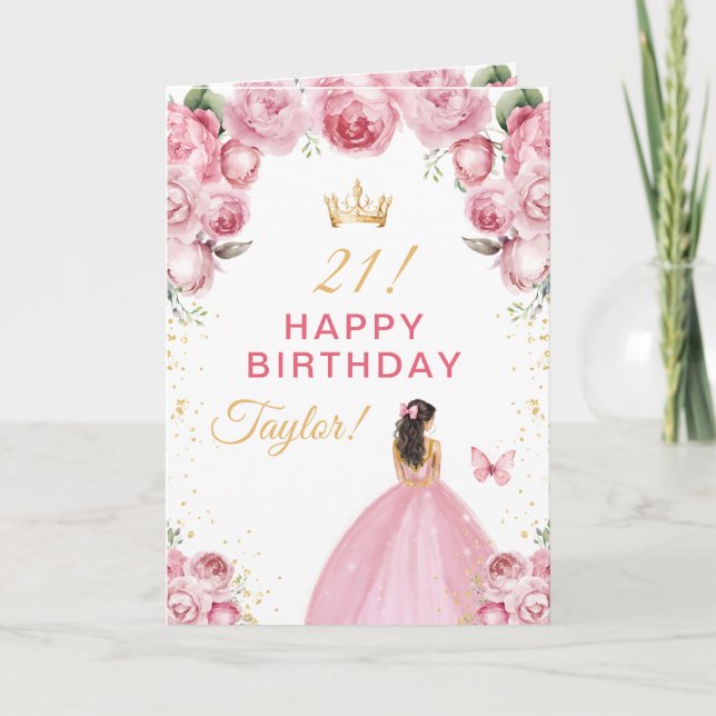 Pink Floral Brunette Hair Girl Happy Birthday Card (Front)