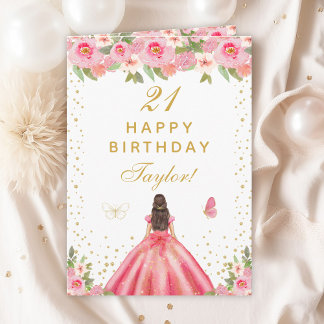 Pink Floral Brunette Hair Girl Happy Birthday Card