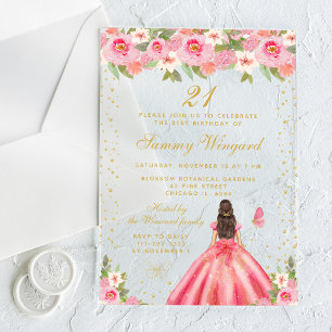 Pink Floral Brunette Hair Princess Birthday Party Acrylic Invitations