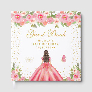 Pink Floral Brunette Hair Princess Birthday Party Guest Book