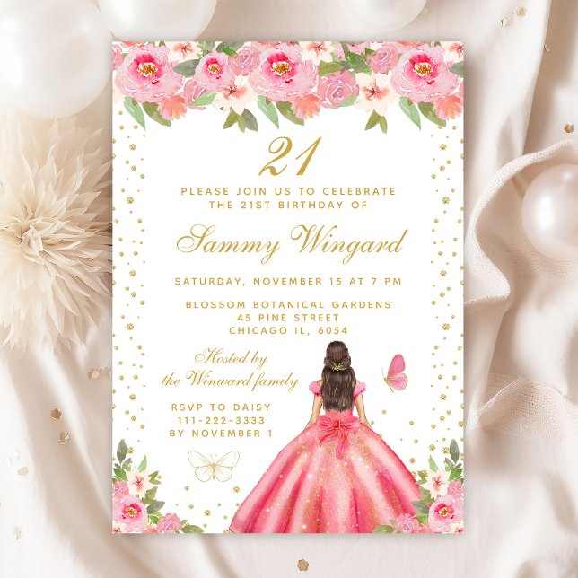 Pink Floral Brunette Hair Princess Birthday Party Invitation (Creator Uploaded)