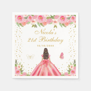 Pink Floral Brunette Hair Princess Birthday Party Napkin