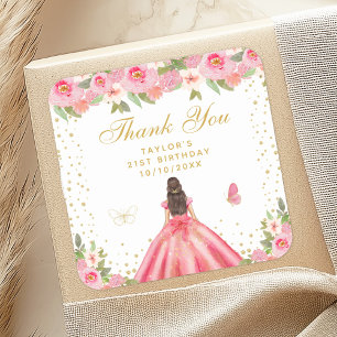 Pink Floral Brunette Hair Princess Birthday Party Square Sticker