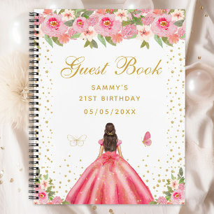 Pink Floral Brunette Hair Princess Guest Book