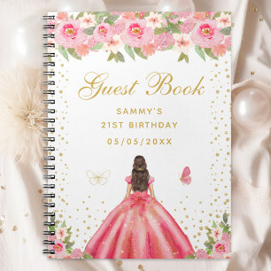 Pink Floral Brunette Hair Princess Guest Book