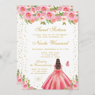 Pink Floral Brunette Hair Princess Sweet Sixteen Invitation