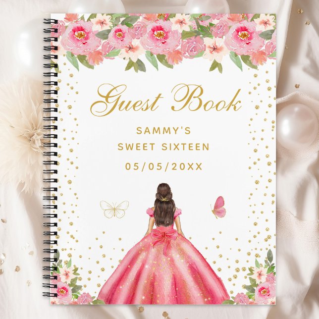 Pink Floral Brunette Hair Princess Sweet Sixteen Notebook (Creator Uploaded)