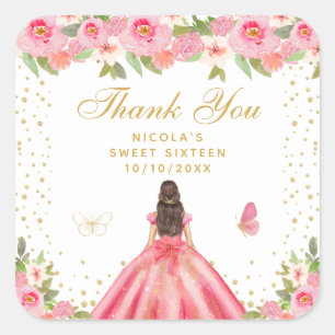 Pink Floral Brunette Hair Princess Sweet Sixteen Square Sticker