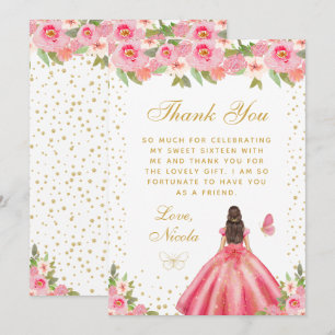 Pink Floral Brunette Hair Princess Sweet Sixteen Thank You Card