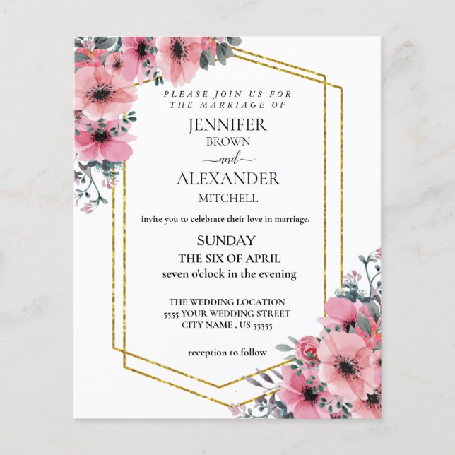 Pink Floral Budget Wedding chic "Invitation" Flyer (Front)