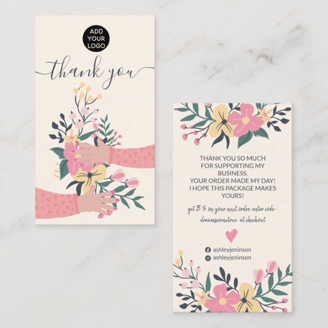 Pink floral bunch arms illustration thank you business card (Front/Back)