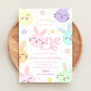 Pink Floral Bunny 1st Birthday Invitation