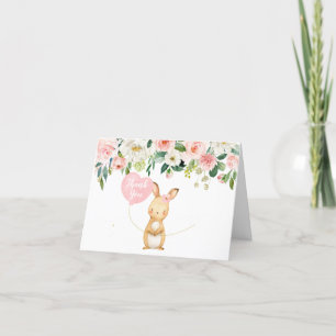 Pink Floral Bunny And Heart Balloon Thank You Card