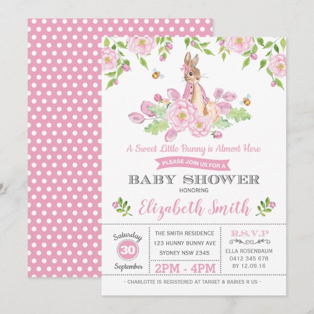 Pink Floral Bunny Baby Shower Woodland Girl Rabbit Invitation (Front/Back)