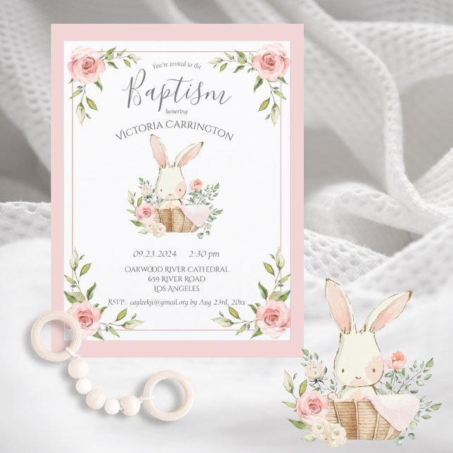 Pink Floral Bunny Baptism Christening Invitation Postcard (Creator Uploaded)