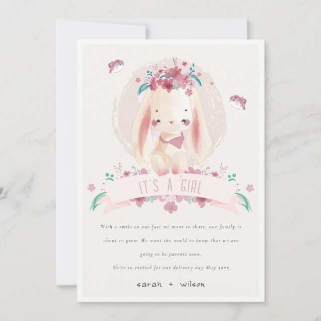 Pink Floral Bunny & Birds Baby Girl Announcement (Front)