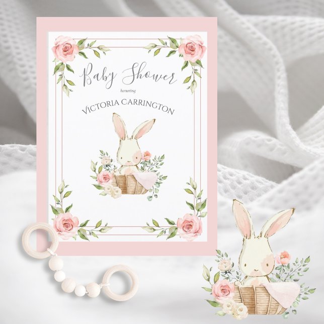 Pink Floral Bunny Budget Baby Shower Invitation Postcard (Creator Uploaded)