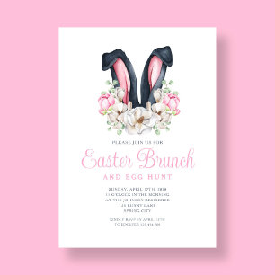Pink Floral Bunny Ears Easter Brunch Invitation