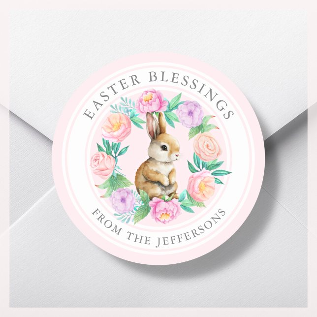 Pink Floral Bunny Easter Blessings  Classic Round Sticker (Creator Uploaded)
