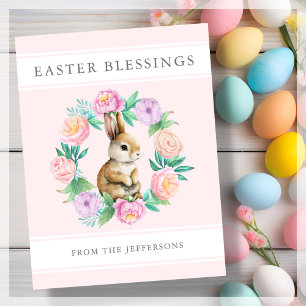 Pink Floral Bunny Easter Blessings  Holiday Postcard