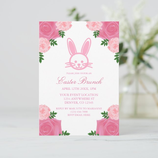 Pink Floral Bunny Easter Brunch Invitation (Standing Front)