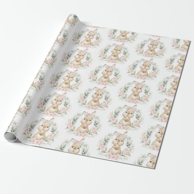 Pink Floral Bunny Easter Rabbit Girl Baby Shower Wrapping Paper (Unrolled)