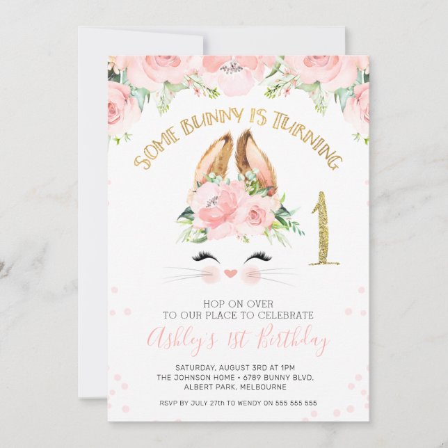 Pink Floral Bunny Face 1st Birthday Invitation (Front)