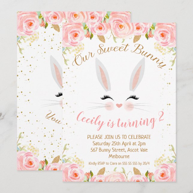 Pink Floral Bunny Face Birthday Invitation (Front/Back)