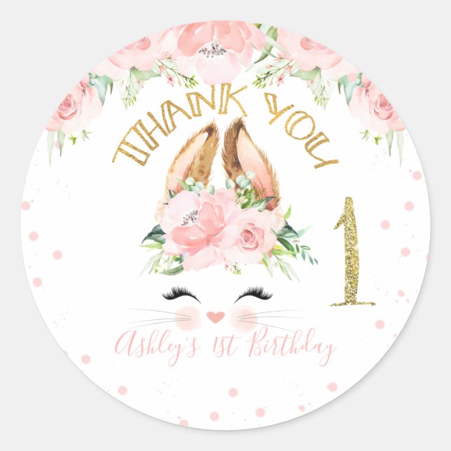 Pink Floral Bunny Face Thank You 1st Birthday Classic Round Sticker (Front)