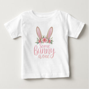 Pink Floral Bunny First Birthday Girl Shirt