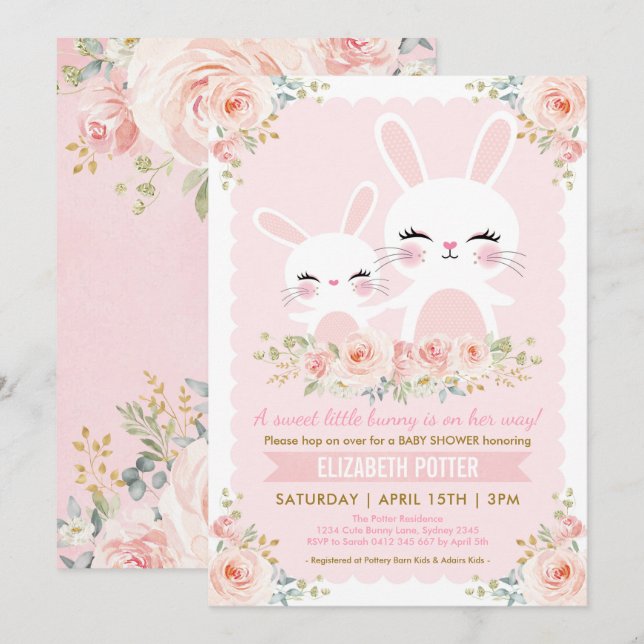 Pink Floral Bunny Girl Baby Shower / Cute Rabbit Invitation (Front/Back)