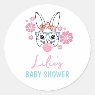 Pink Floral Bunny Girl Baby Shower personalised Classic Round Sticker