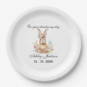 Pink floral bunny Personalized christening  Paper Plate