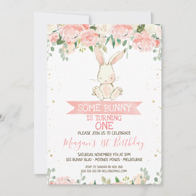 Pink Floral Bunny Rabbit 1st Birthday  Invitation (Front)