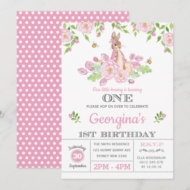 Pink Floral Bunny Rabbit 1st Girl Birthday Party Invitation (Front/Back)