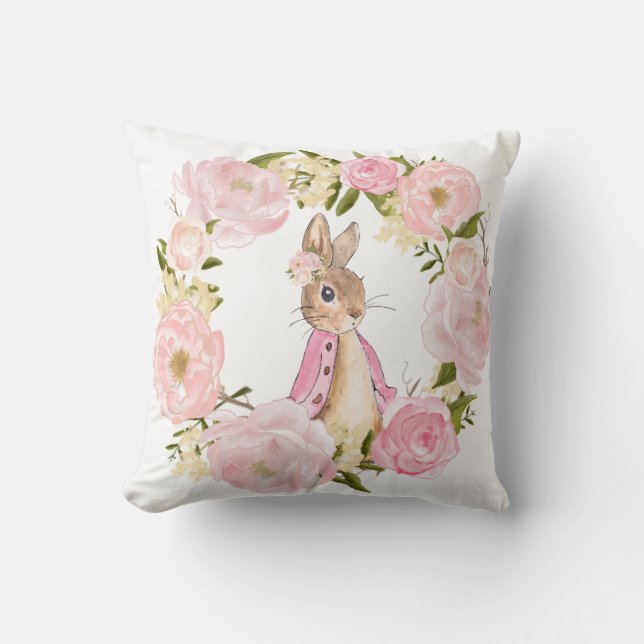 Pink Floral Bunny Rabbit Baby Girl Nursery Room Cushion (Front)