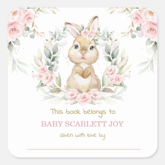 Pink Floral Bunny Rabbit Baby Shower Bookplate Square Sticker (Front)