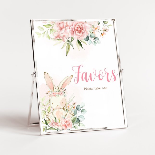 Pink Floral Bunny Rabbit Baby Shower Favours Poster (A Little Bunny Girl Baby Shower Favors Sign)